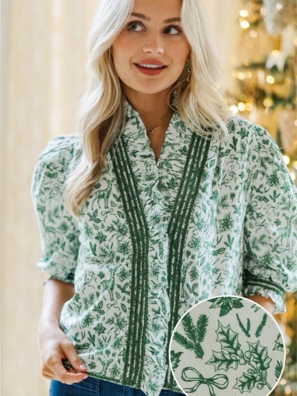 Shop the Mint Out For The Day Green Toile Blouse Size Large color emerald